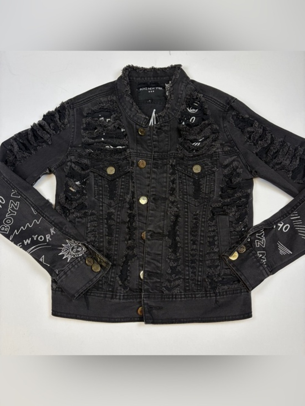 BOYZ NEW YORK BLACK DISTRESSED DENIM JACKET S GRAFFITI STREETWEAR Y2K